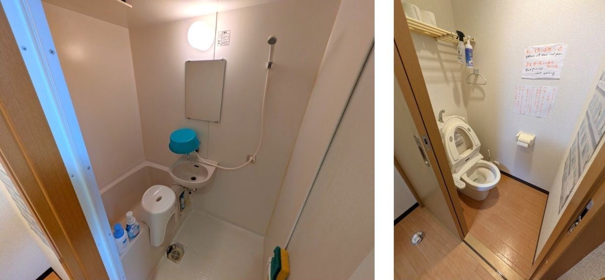 RVパーク内の浴室とトイレの2枚写真の並び