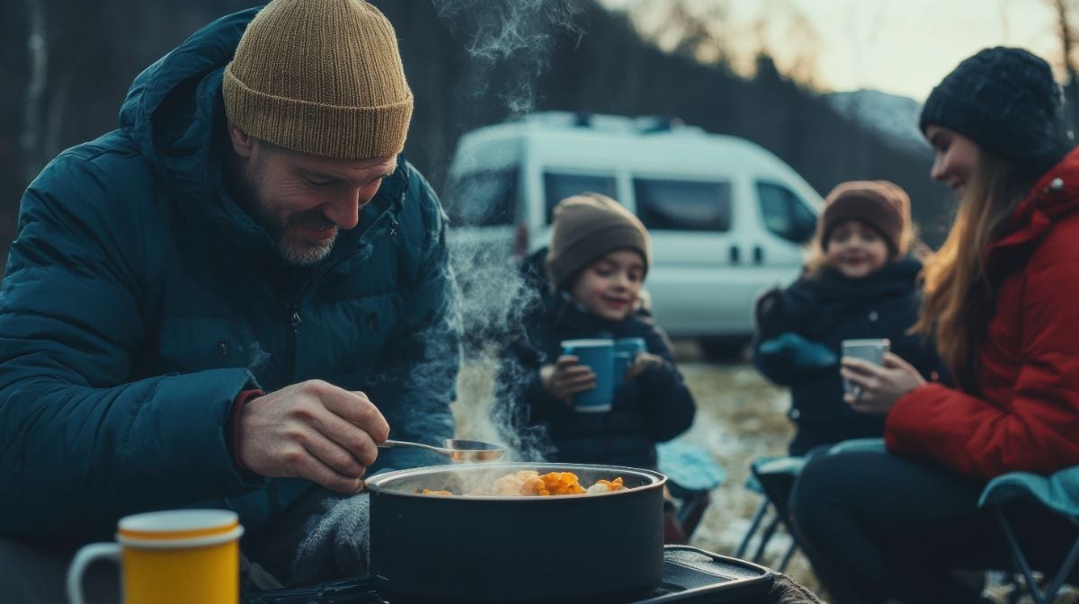 冬の屋外でアウトドア料理を楽しむ家族