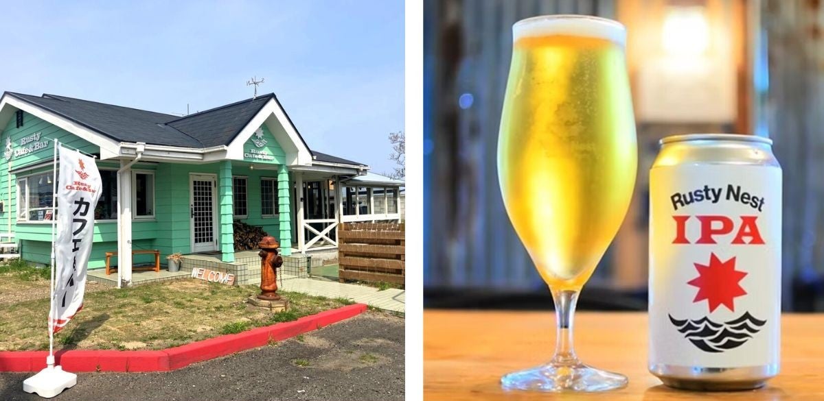 カフェの建物外観とグラスに入ったビールと缶の2枚写真