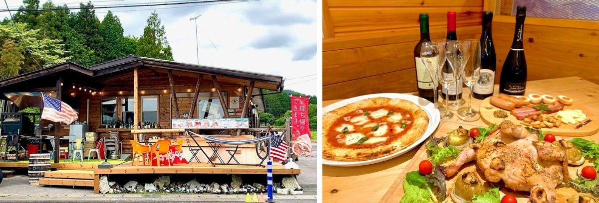 ログハウスレストランの外観と丸鶏焼きやピザとワインの料理写真の2枚組