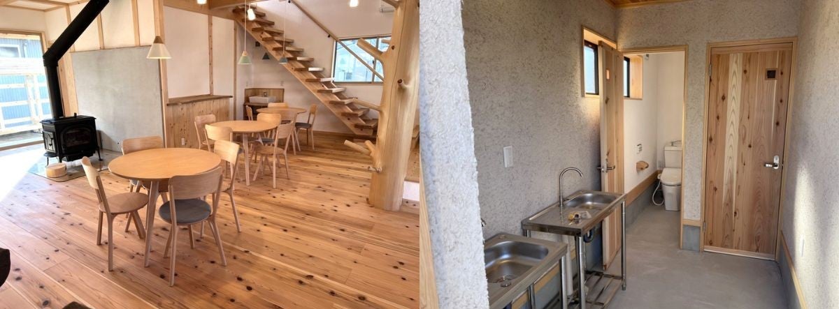 キャンピングカー店のフロントとトイレの2枚組写真