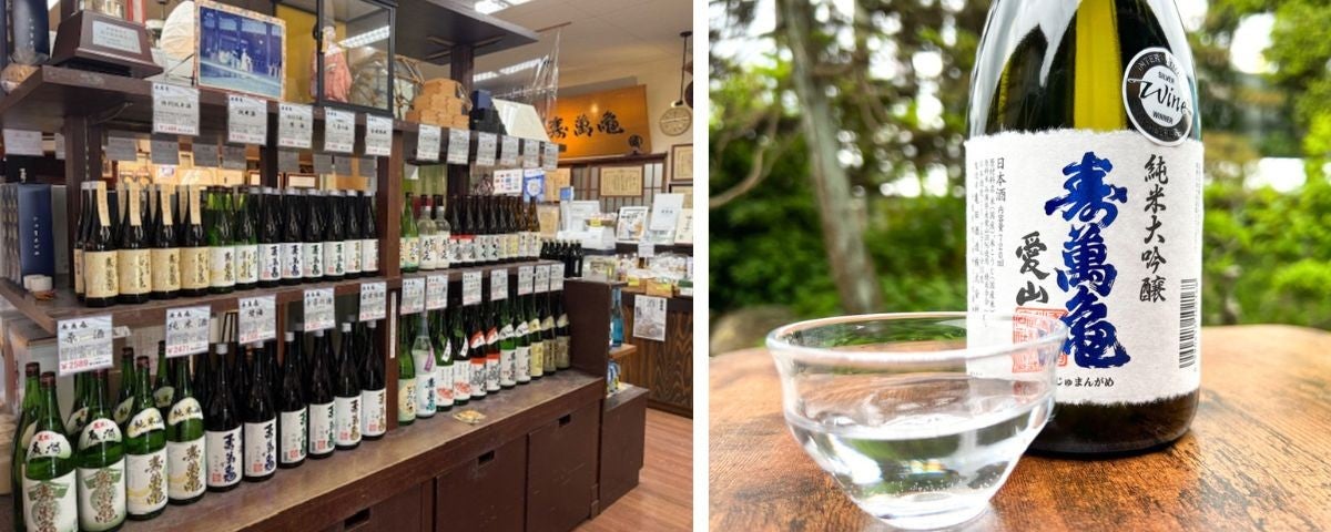 酒屋店内とグラスについだ日本酒と一升瓶
