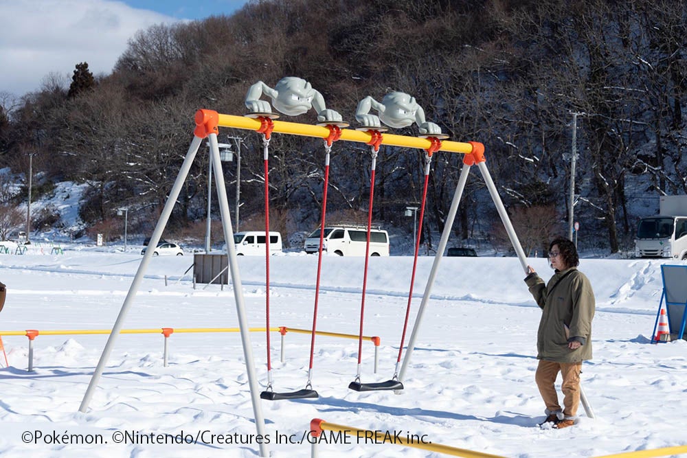 展勝地公園内に誕生した「イシツブテ公園」。岩手応援ポケモンの遊具が並ぶ