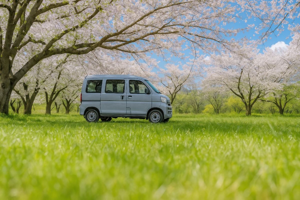 原っぱの桜の木の下に駐車する軽バン