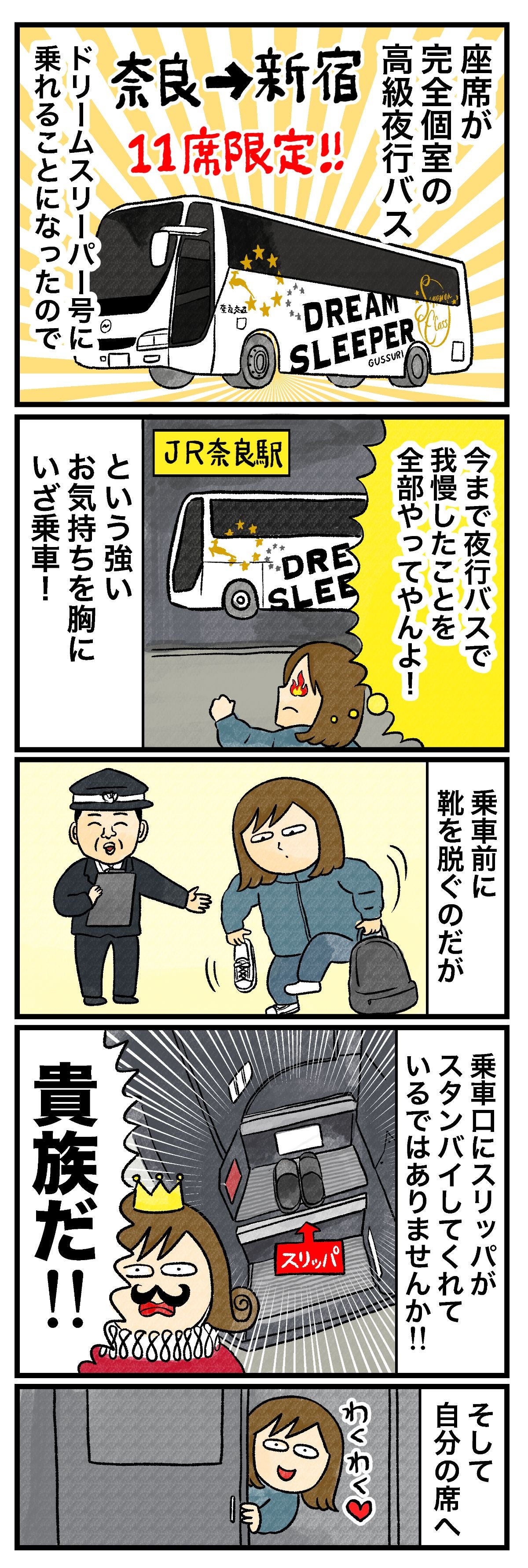 座席が完全個室の高級夜行バス奈良→新宿 11席限定!!ドリームスリーパーに乗れることになったので今まで夜行バスで我慢したことを全部やってやんよ！という強いお気持ちを胸にいざ乗車！乗車前に靴を脱ぐのだが乗車口にスリッパがスタンバイしてくれているではありませんか!!貴族だ!!そして自分の席へわくわく♡