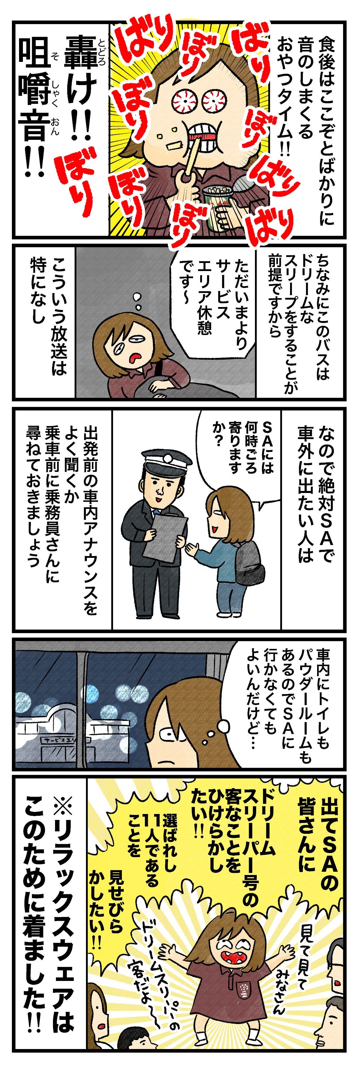 食後はここぞとばかりに音のしまくるおやつタイム!!轟け!! 咀嚼音!!ちなみにこのバスはドリームなスリープをすることが前提ですからただいまよりサービスエリア休憩です〜こういう放送は特になしなので絶対SAで車外に出たい人は出発前の車内アナウンスをよく聞くか乗車前に乗務員さんに尋ねておきましょう車内にトイレもパウダールームもあるのでSAに行かなくてもよいんだけど…出てSAの皆さんにドリームスリーパーの客なことをひけらかしたい!!選ばれし11人であることを見せびらかしたい!!※リラックスウェアはこのために着ました!!