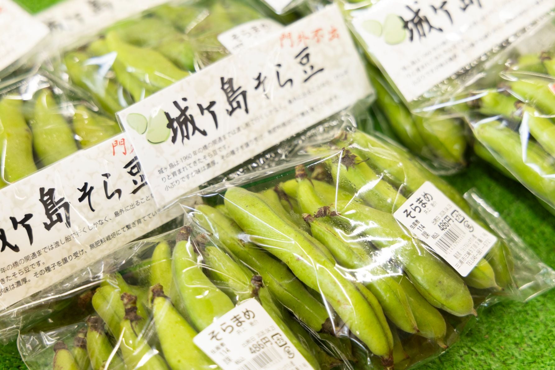 うらりマルシェ2階で販売されている、三浦産の希少な「城ヶ島そら豆」