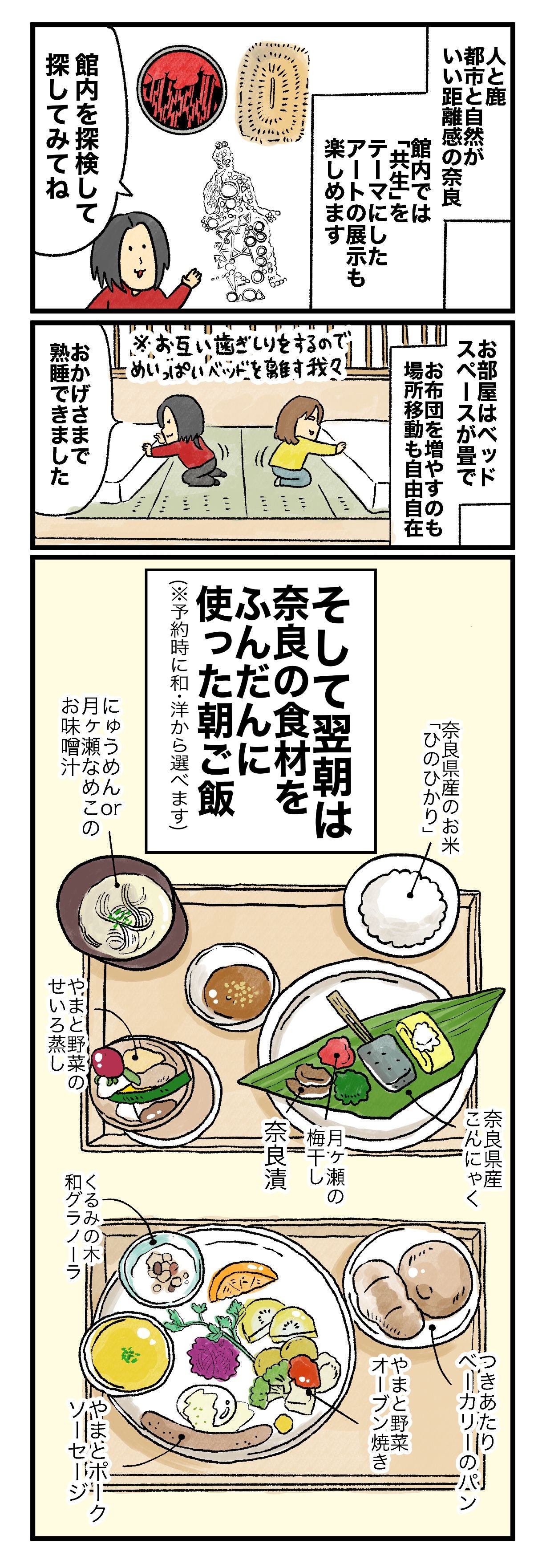 人と鹿と自然がいい距離感の奈良館内にはテーマにしたアートの展示も楽しいよ館内を探検して探してみてねお部屋はベッドスペースが畳でお布団を増やすのも場所移動も自由自在おげさまで熟睡できました※お互い歯ぎしりをするのでめいっぱいベッドを離す我々そして翌朝は奈良の食材をふんだんに使った朝ご飯（※予約時に和・洋から選べます）和食プレート奈良県産のお米「ひのひかり」奈良県産こんにゃく月ヶ瀬の梅干し奈良漬にゅうめん（月ヶ瀬なめこのお味噌汁）やまと野菜のせいろ蒸し洋食プレートつきあたりベーカリーのパン やまと野菜オーブン焼きやまとポークソーセージくるみの木 和グラノーラ