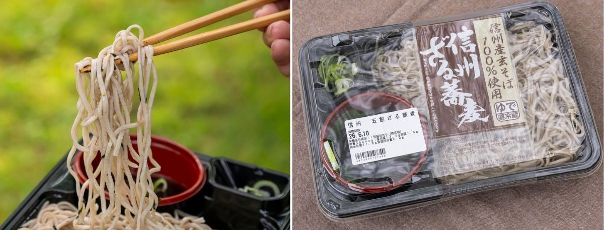 蕎麦の箸上げ写真と蕎麦弁当パッケージ