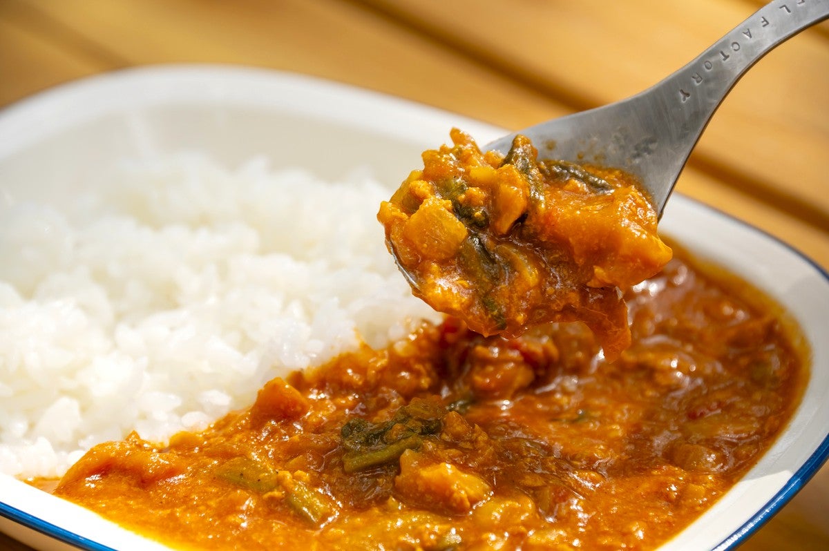 皿に盛ったカレーライスのカレーをスプーンですくう