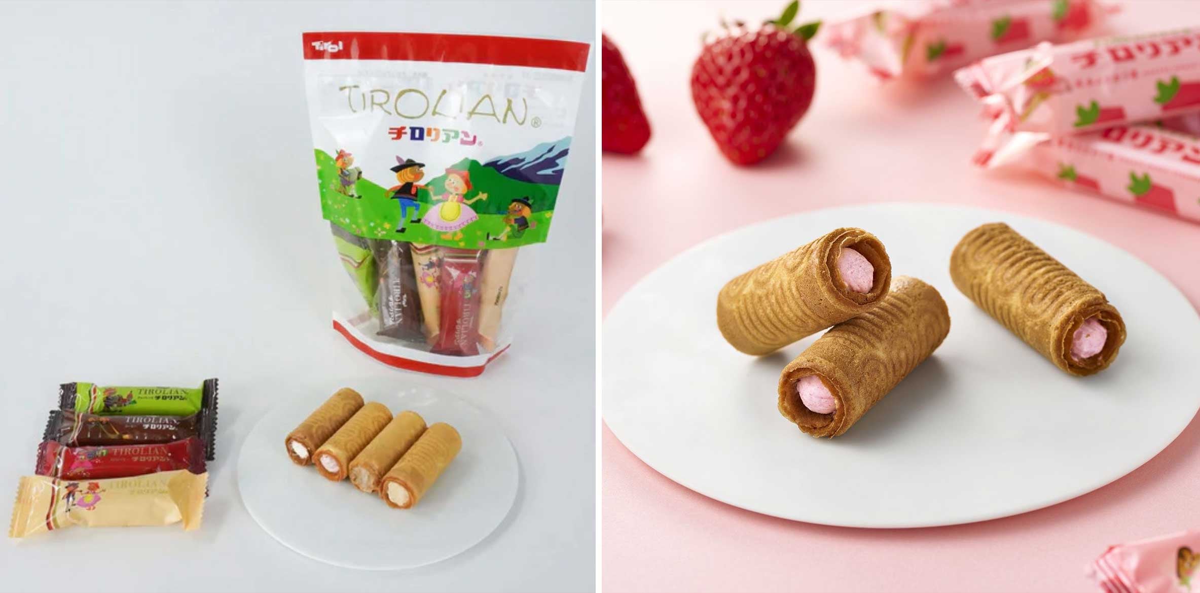 千鳥屋 「チロリアンミックス８」８本432円、「チロリアンショート（博多あまおう苺）」8本540円