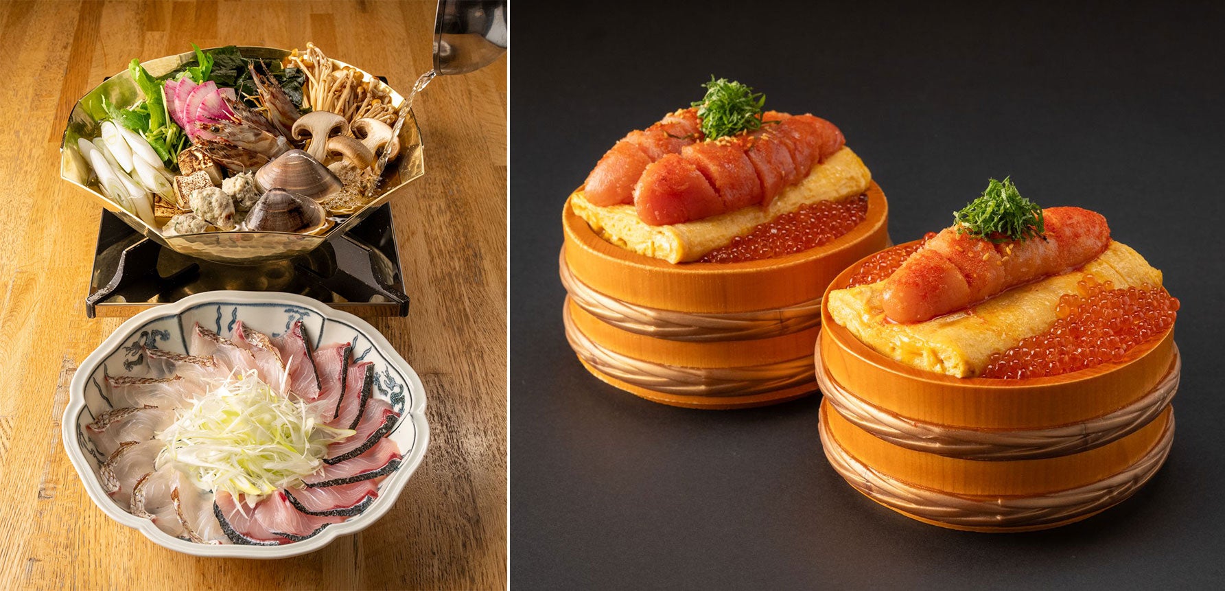 博多シーフードうお田「博多海鮮しゃぶしゃぶ」1人前4,200円（2人前から）、「明太いくら玉子焼き丼」１人前2,950円