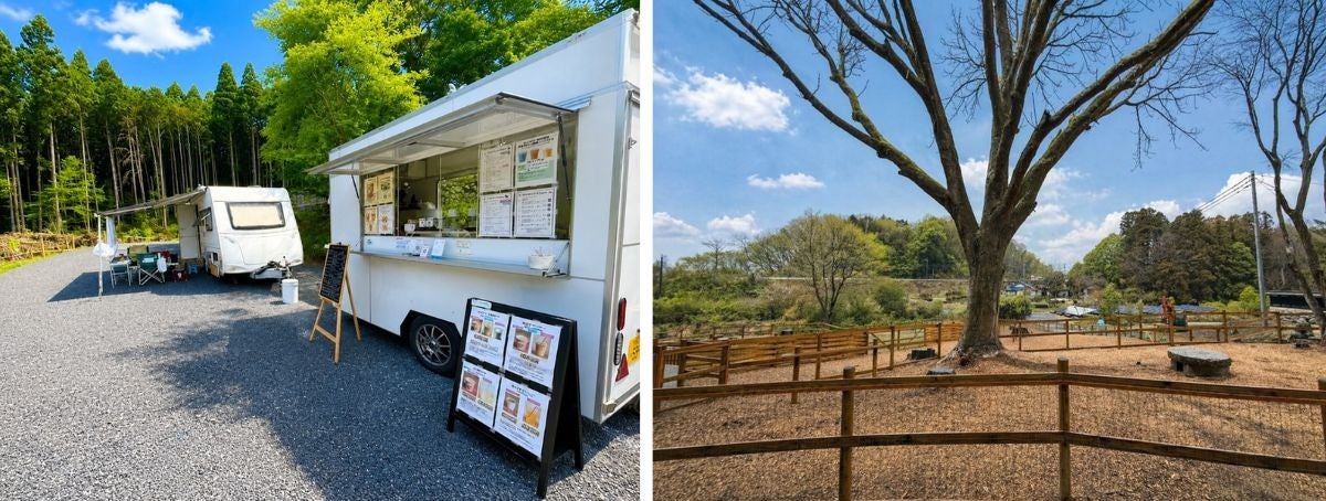 RVパークのキッチンカーとドッグランの2枚組写真