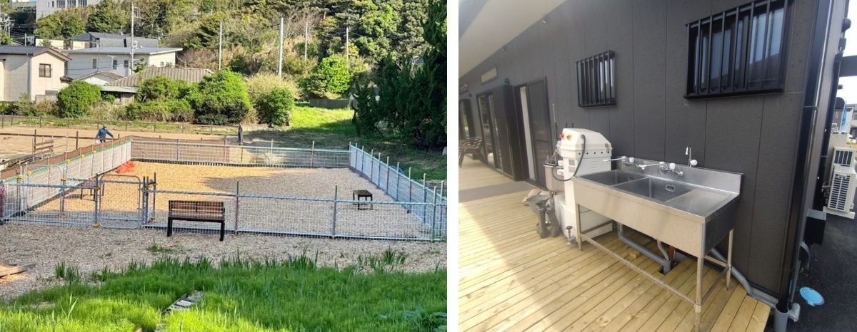 RVパークのドッグランと炊事場の2枚写真