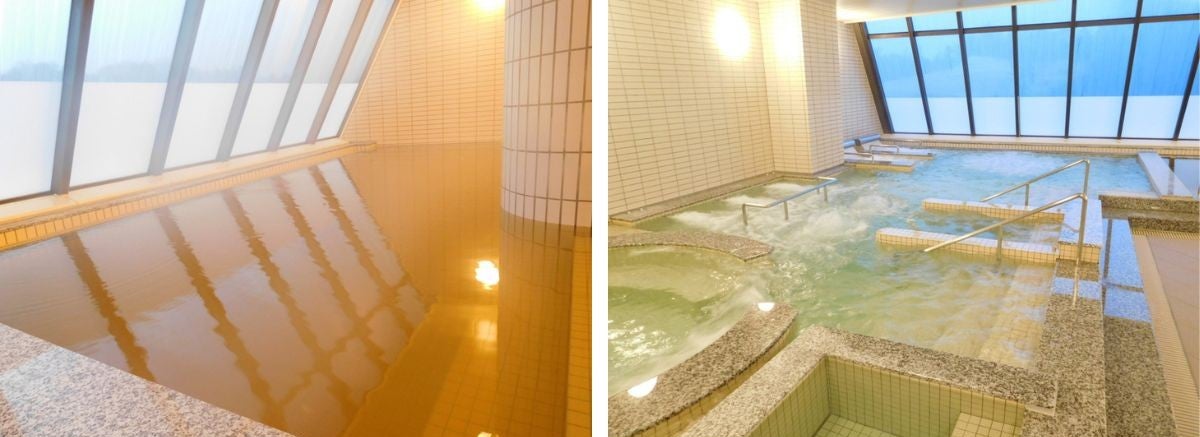 施設内の天然温泉・茶褐色の内湯風呂とガラス張りで開放感のある大浴場・ジェットバス