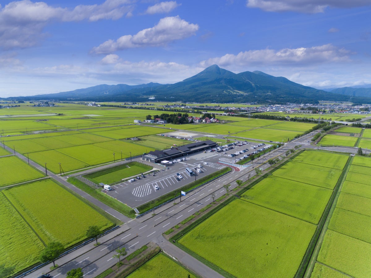 田園風景と山々に囲まれた道の駅周辺の空撮・鳥瞰カット