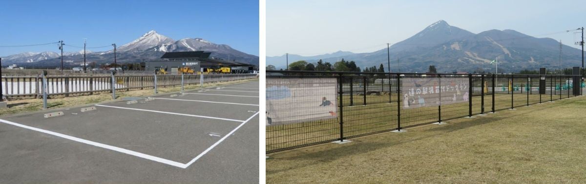 山を望むRVパークの舗装された車中泊専用駐車枠の写真と芝生エリアと山並みが見渡せるドッグラン施設の写真