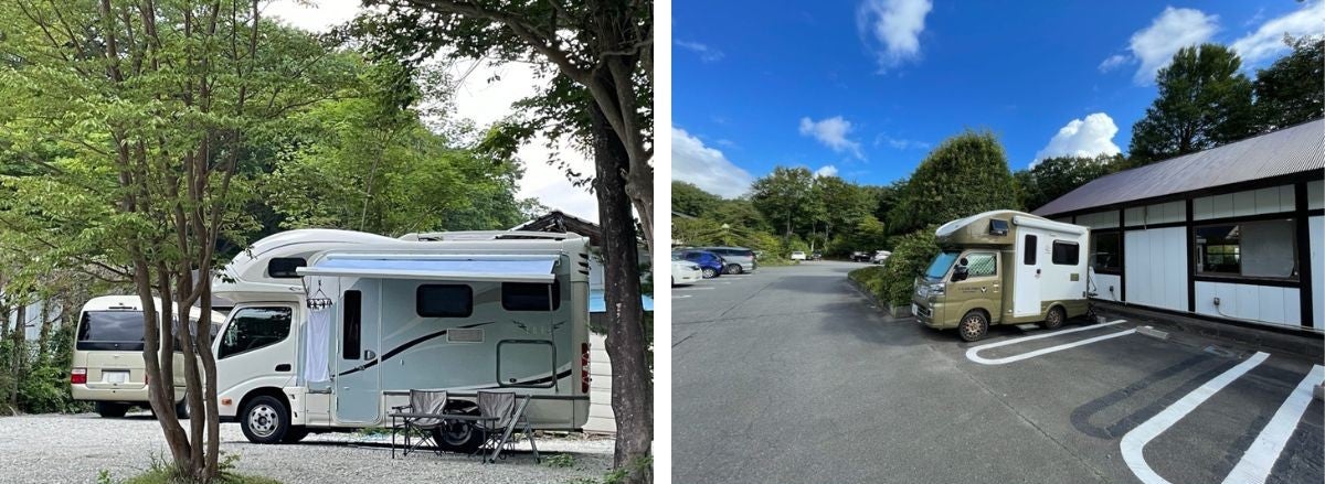 木立の中でサイドオーニングを広げて車中泊するキャンピングカーと建物前に停車する軽キャンパーの2枚写真