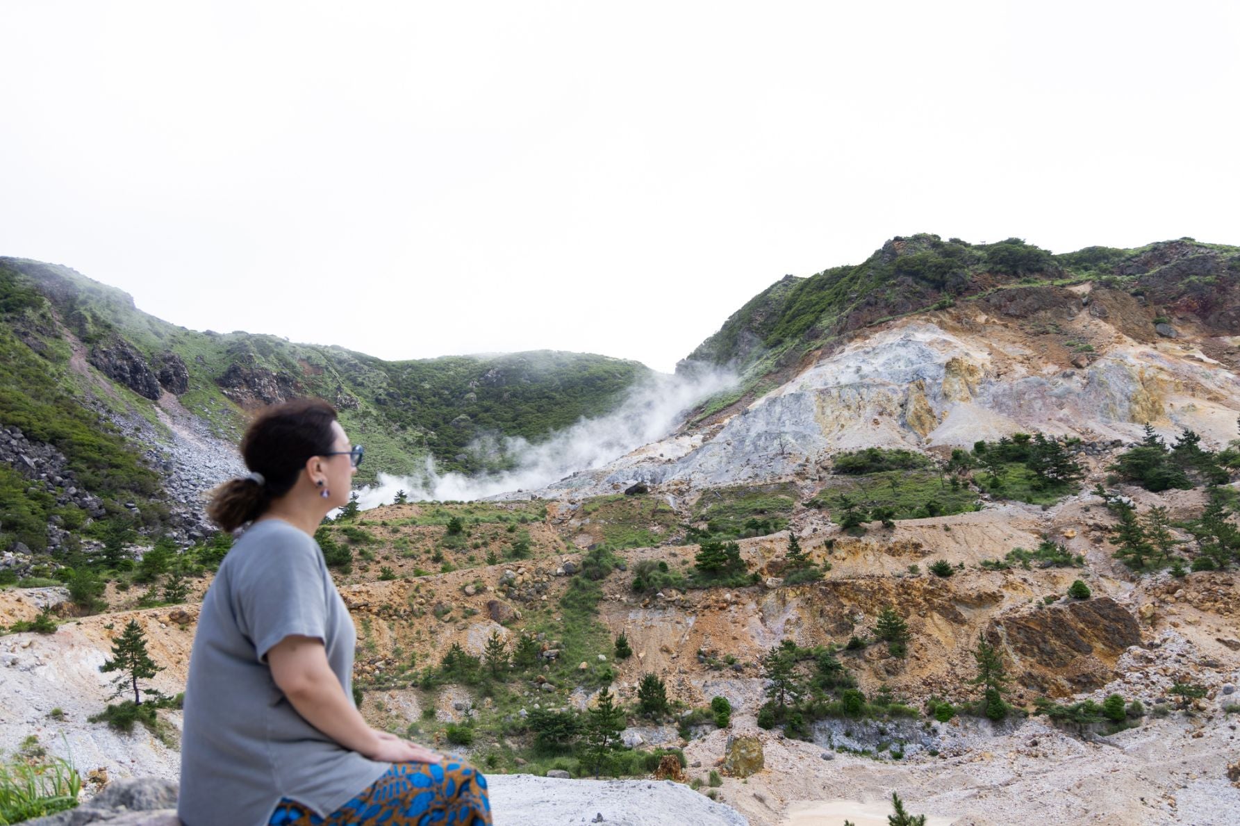 噴煙が立ち上る伽藍岳の火口と火山活動の痕跡