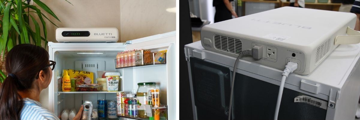冷蔵庫上部に設置され電源コードが接続された状態のFridgePower