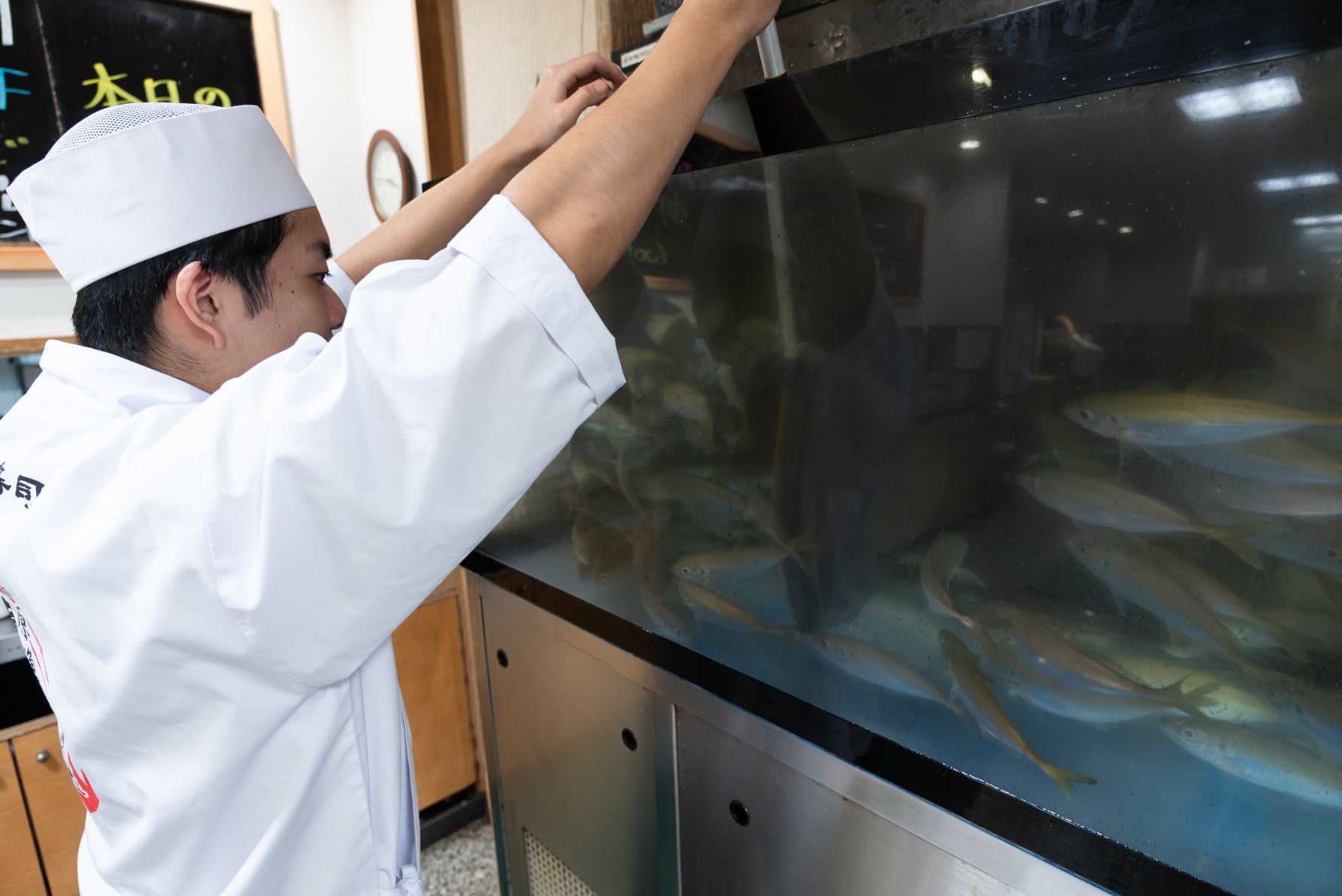 店内の生簀で泳ぐアジはその場でさばいて握ってくれる