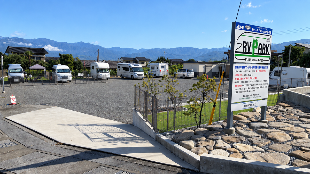 RVパークの看板と広い駐車場に停まるキャンピングカーと遠くの山々