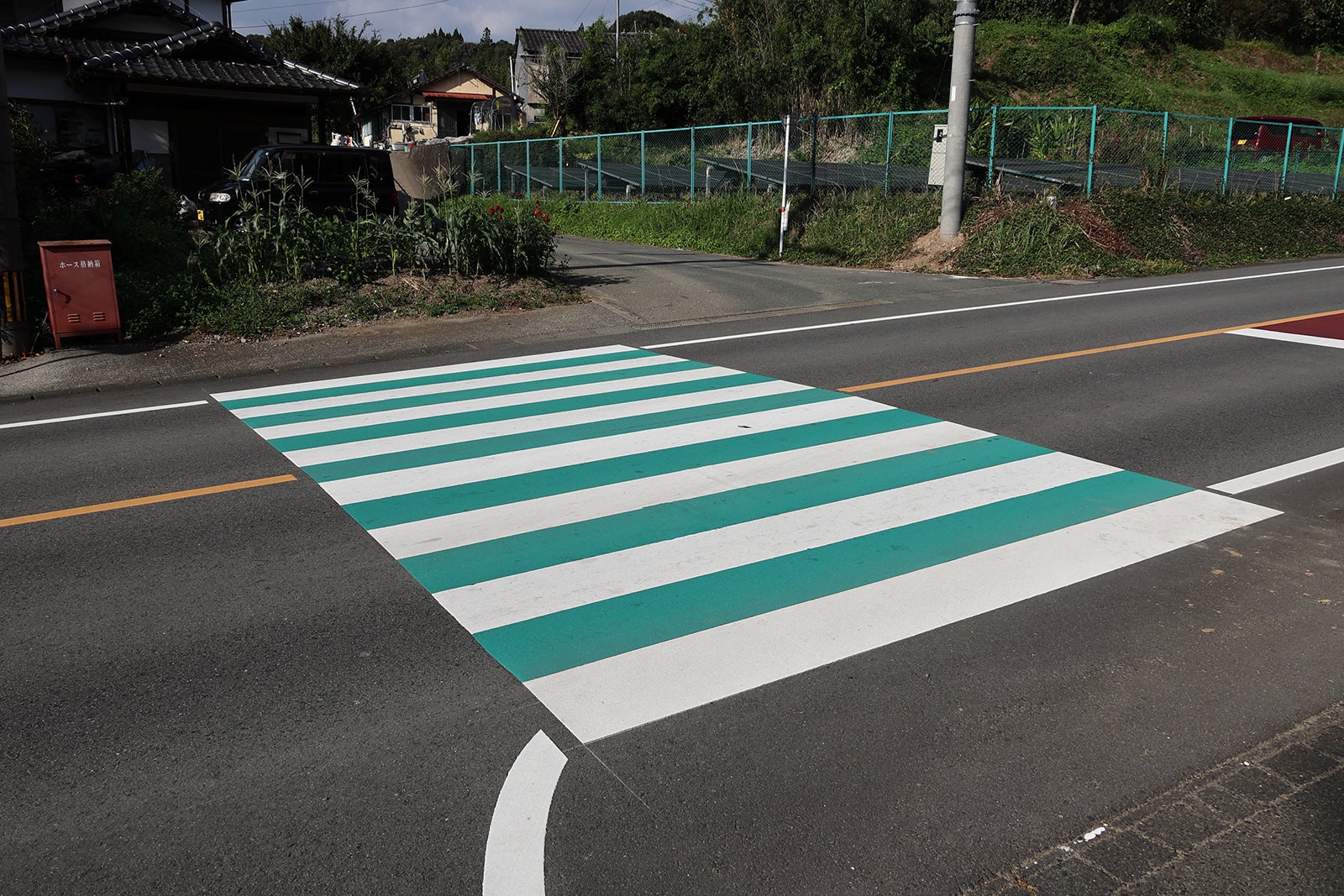 写真の緑×白のほか青×白などさまざまな色の横断歩道が見られる。