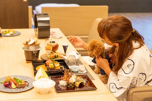 温泉旅館で犬と一緒に夕食をとる女性