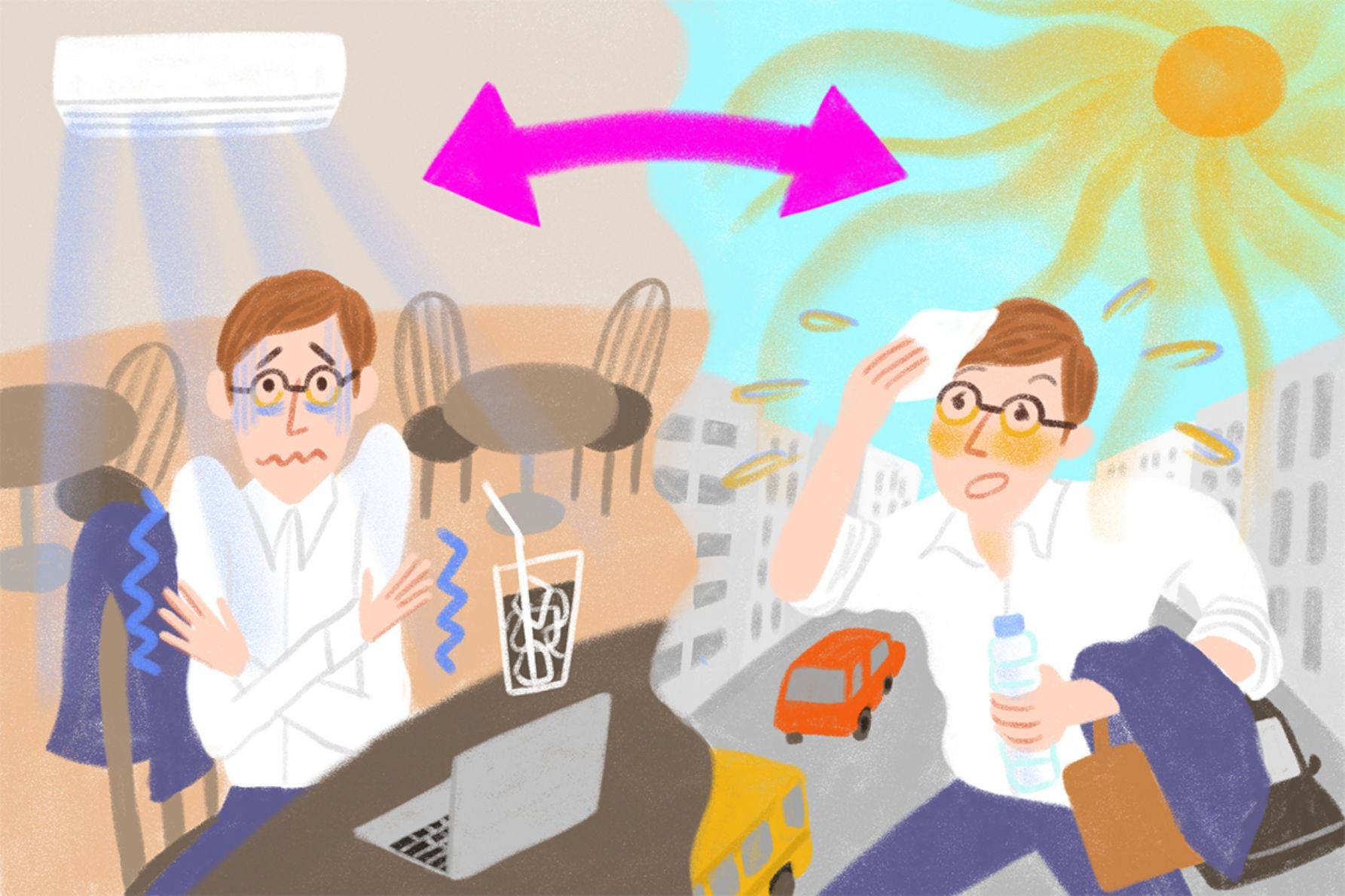 夏から秋の寒暖差で体調を崩した男性のイラスト