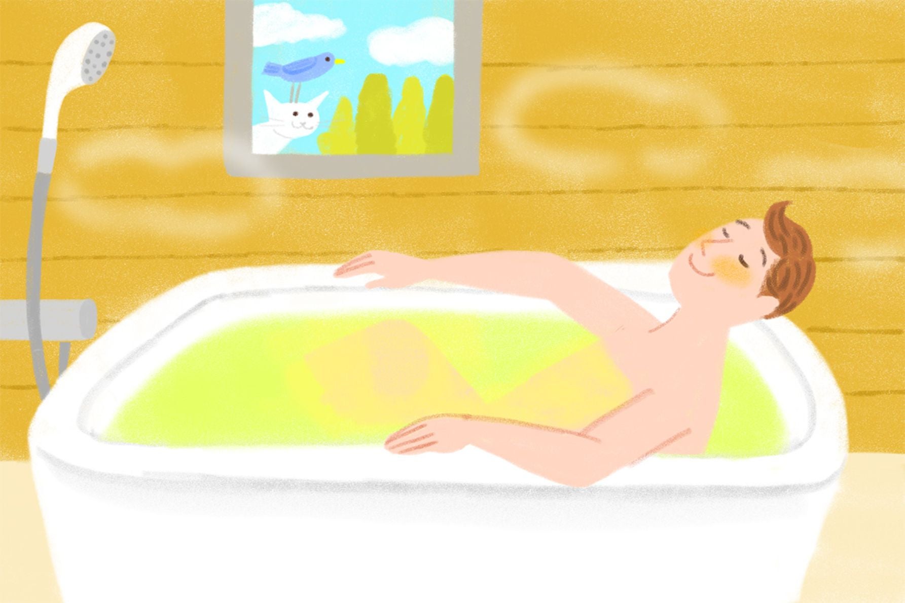 風呂の湯船につかる男性のイラスト