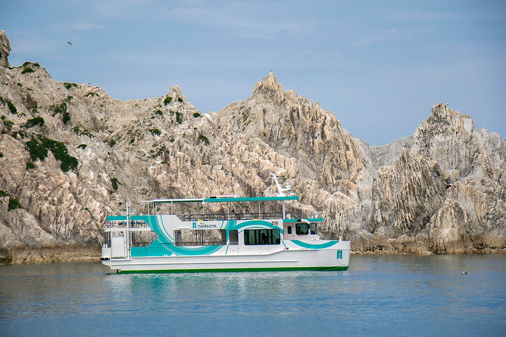 白い岩塊群と遊覧船