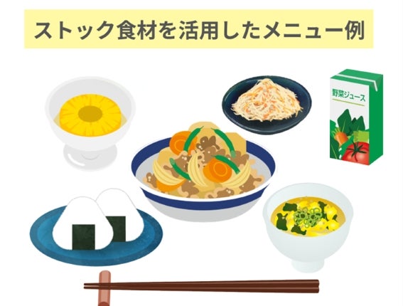 メニュー例:主食、おにぎり。主菜、焼き鳥缶の肉じゃが。副菜、切り干し大根とツナの中華風サラダ。汁物、わかめ入り卵スープ。 飲み物、野菜ジュース、デザート、フルーツ缶