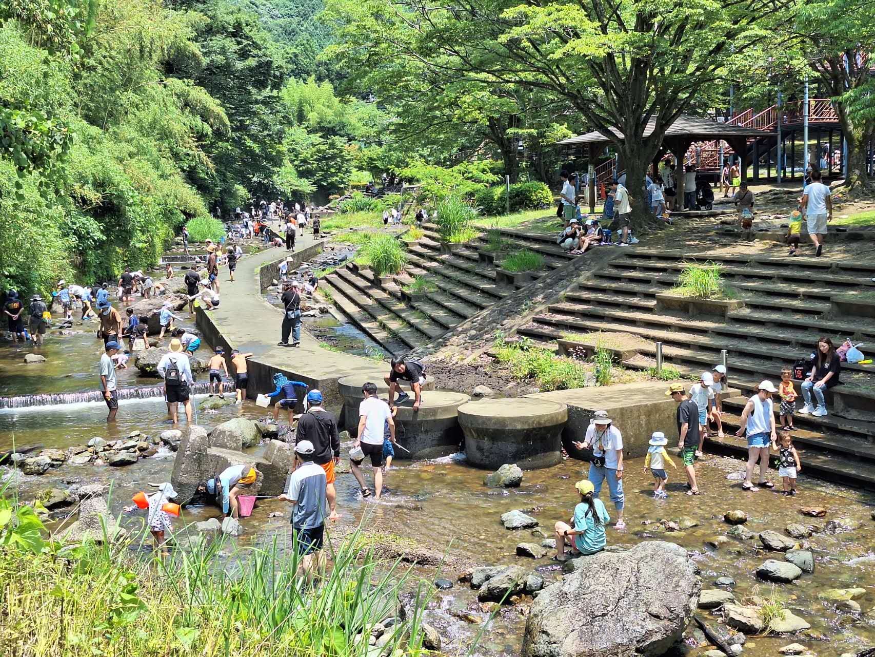 親水公園内の小川で遊ぶ人々