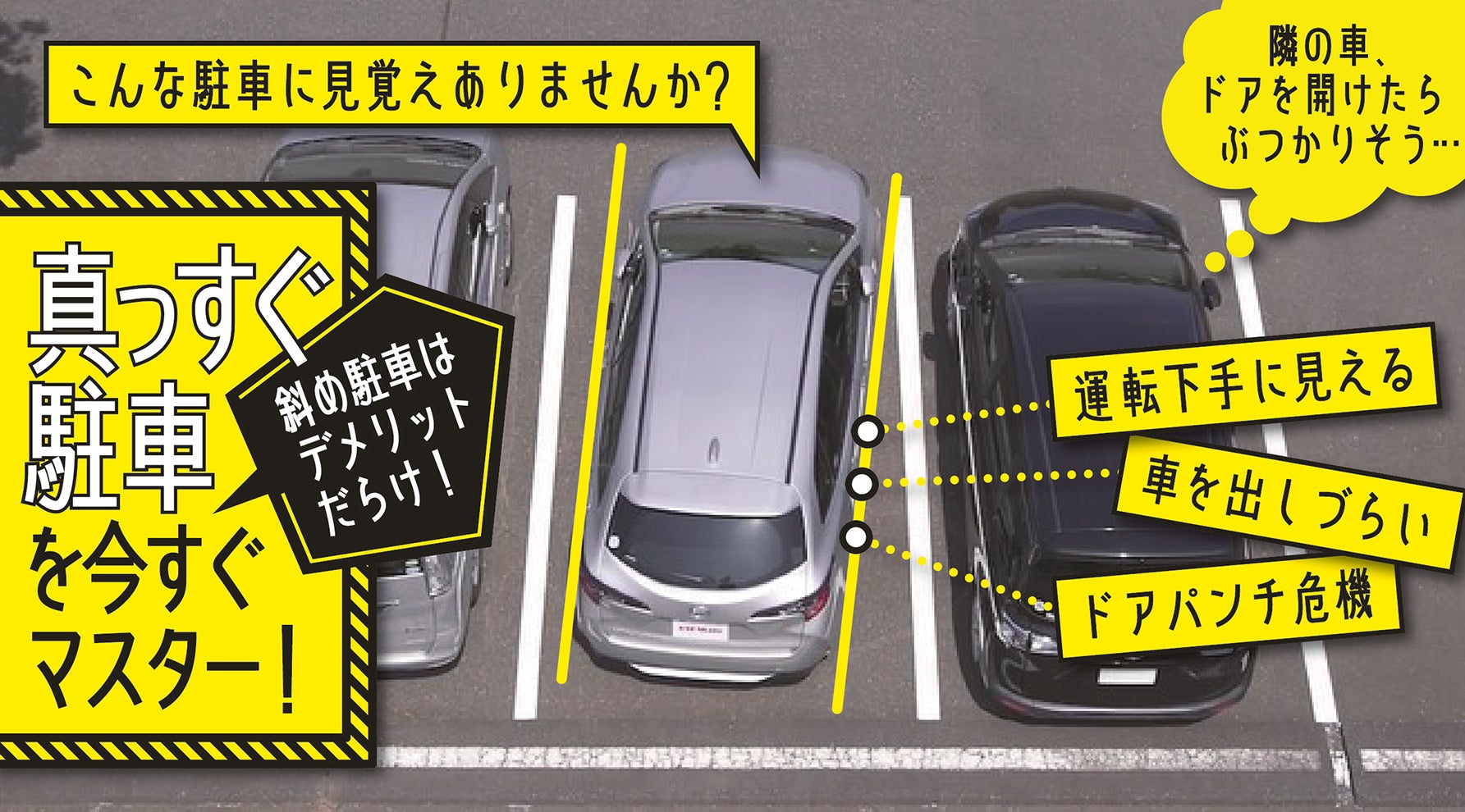 斜め駐車は見た目も悪く実害もあり！ 「まっすぐ駐車」のポイントを大解説 ドライバーのお悩み解決！ 菰田潔の運転レッスン｜jaf Mate Online