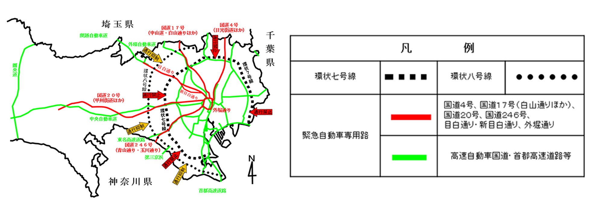 直下型大地震が起きた際の通行止め（7路線）の地図