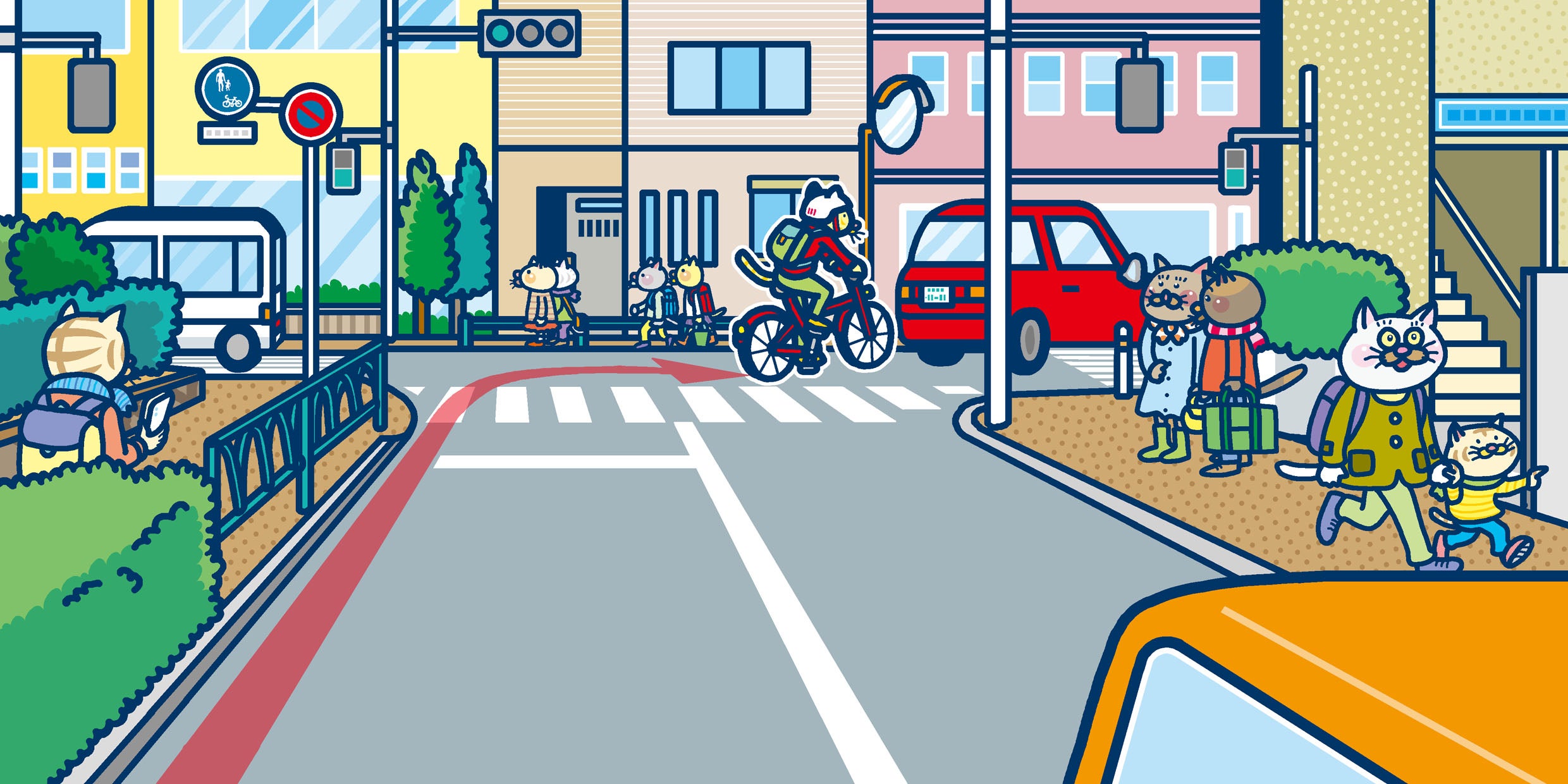 自転車で走行中、丁字路（T字路）でクルマなどの後に続いて右折したら、違反？のイラスト