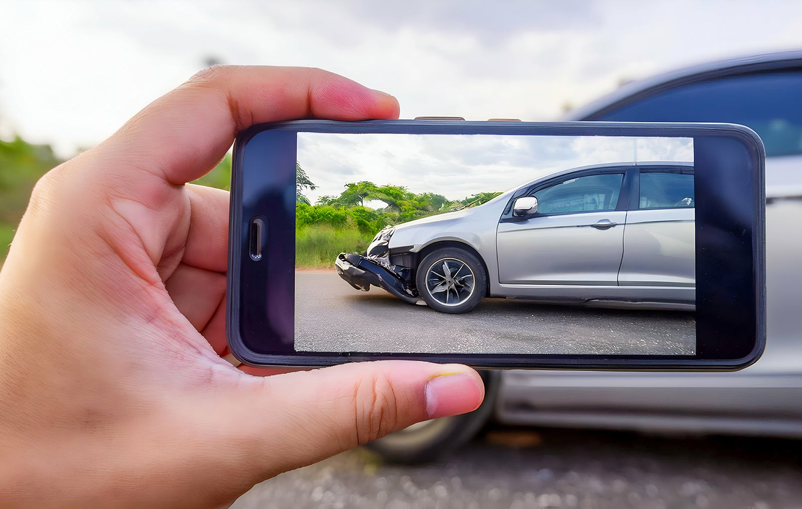 スマホで事故車両を撮影している写真