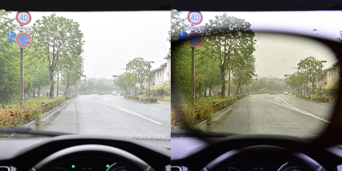 雨の日の路面の見え方（左）とTALEX着用時の見え方（右）