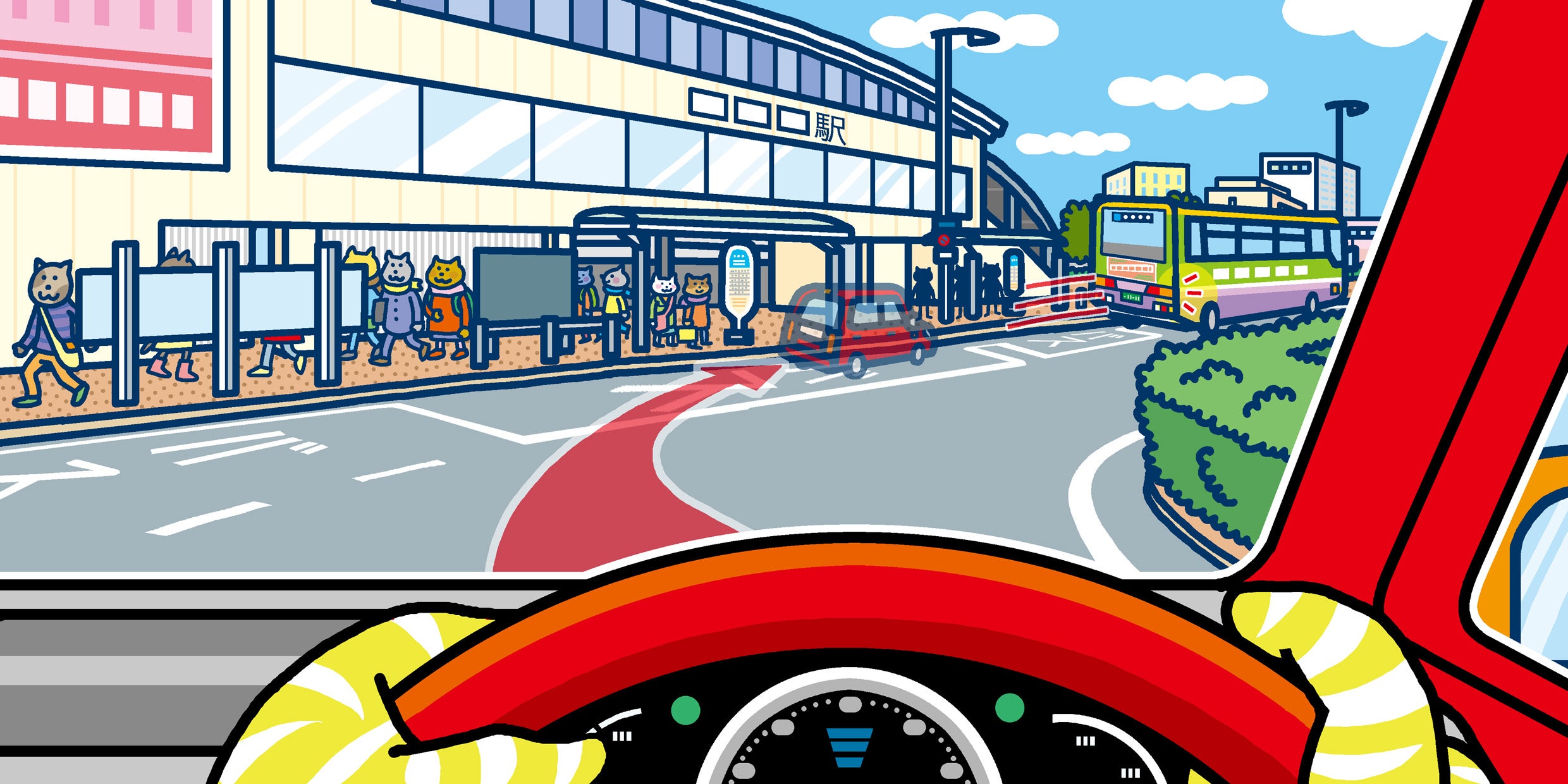 駅前のロータリーに停車する画像