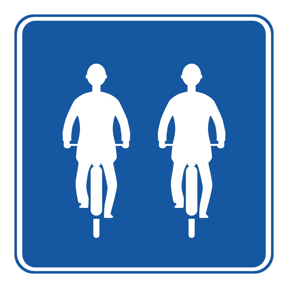 並進可の標識（イメージ）。青地に白抜きで2台の自転車が併走している様子が描かれている