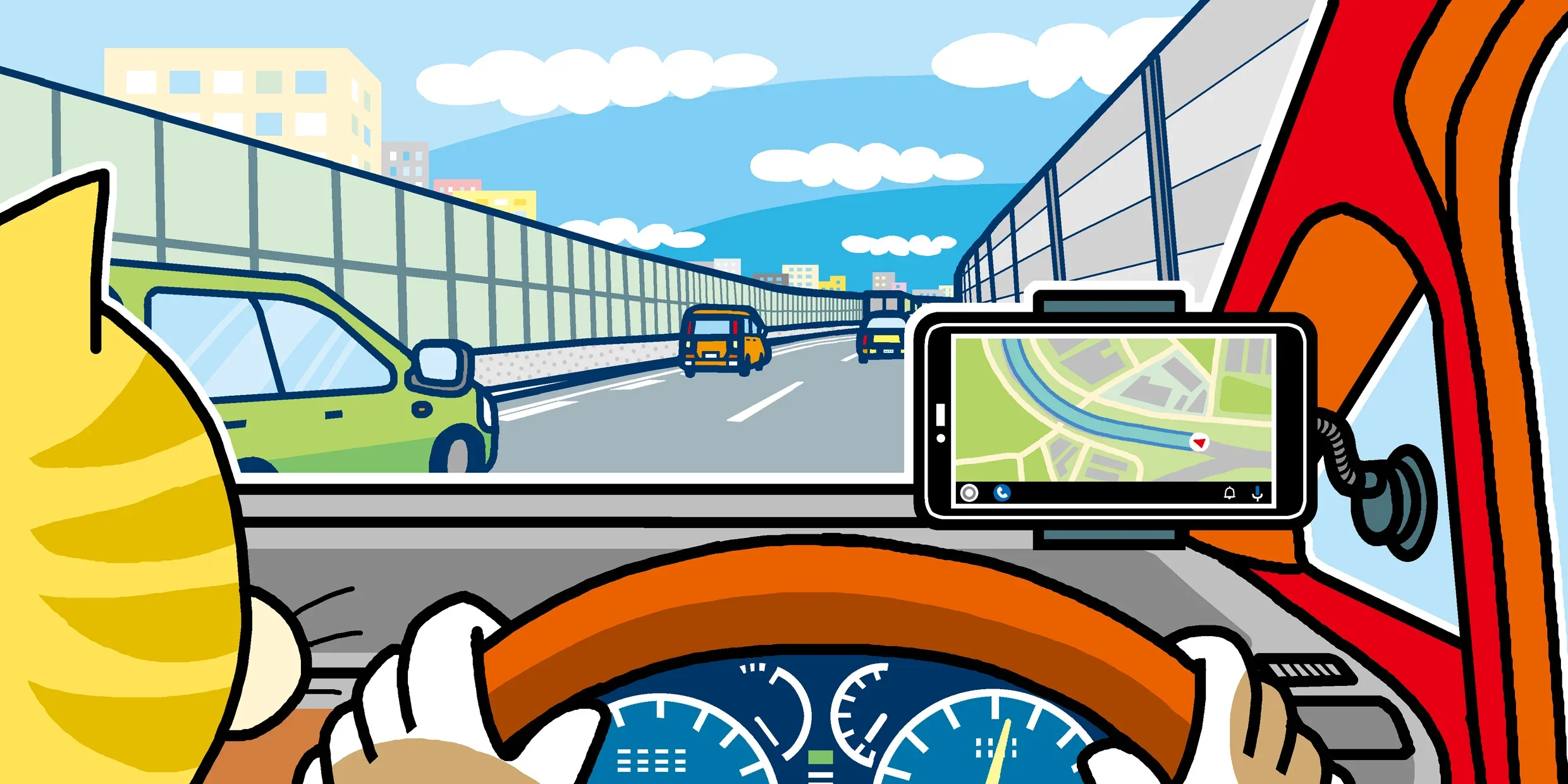 運転席の三角窓にスマートフォンを取りつけて運転する姿のイラスト