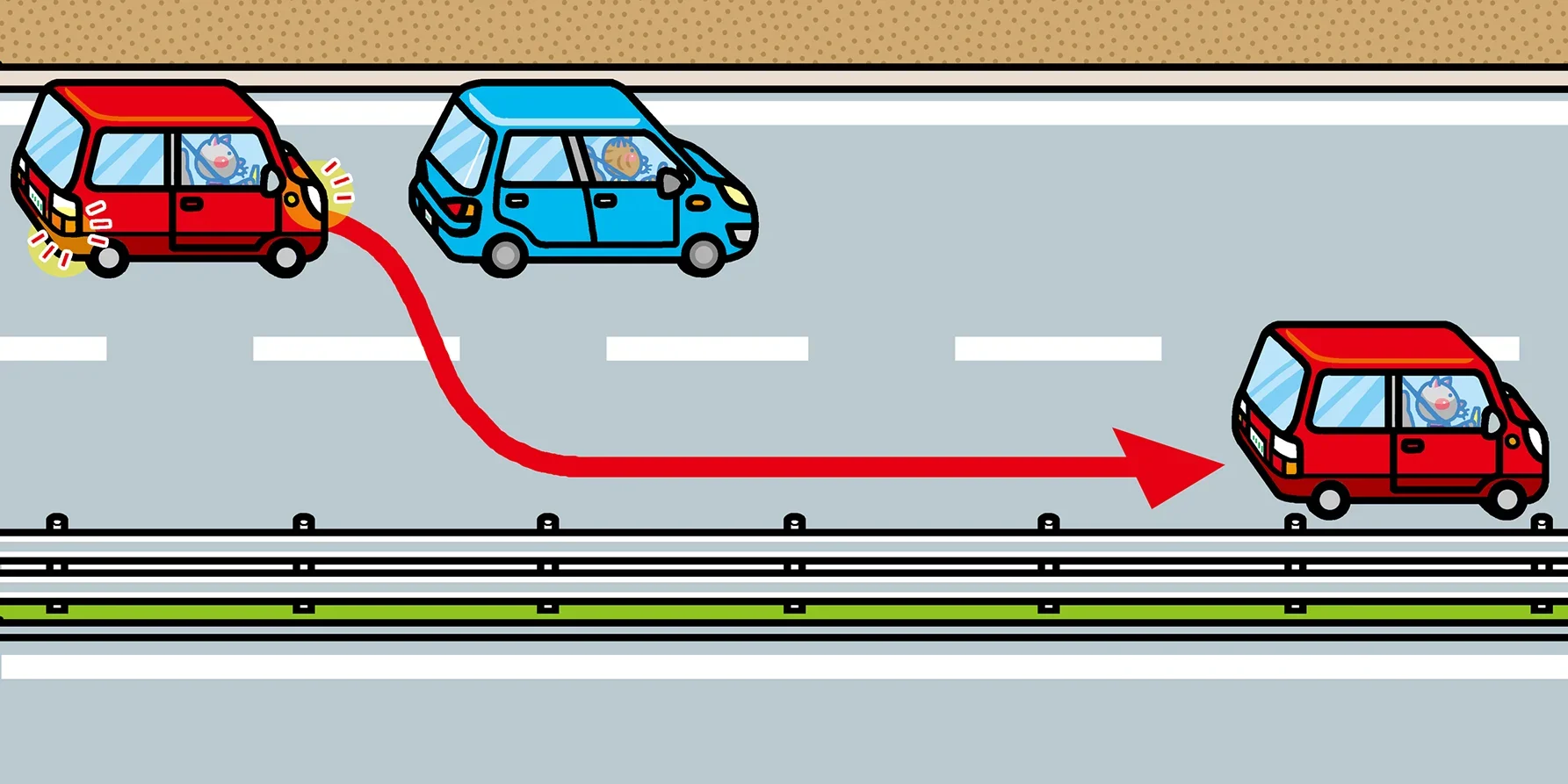 高速道路で赤い車がウィンカーを出して青い車を追い越すイラスト。安全運転・追い越し方法・車線変更・高速道路マナーの解説に最適な画像