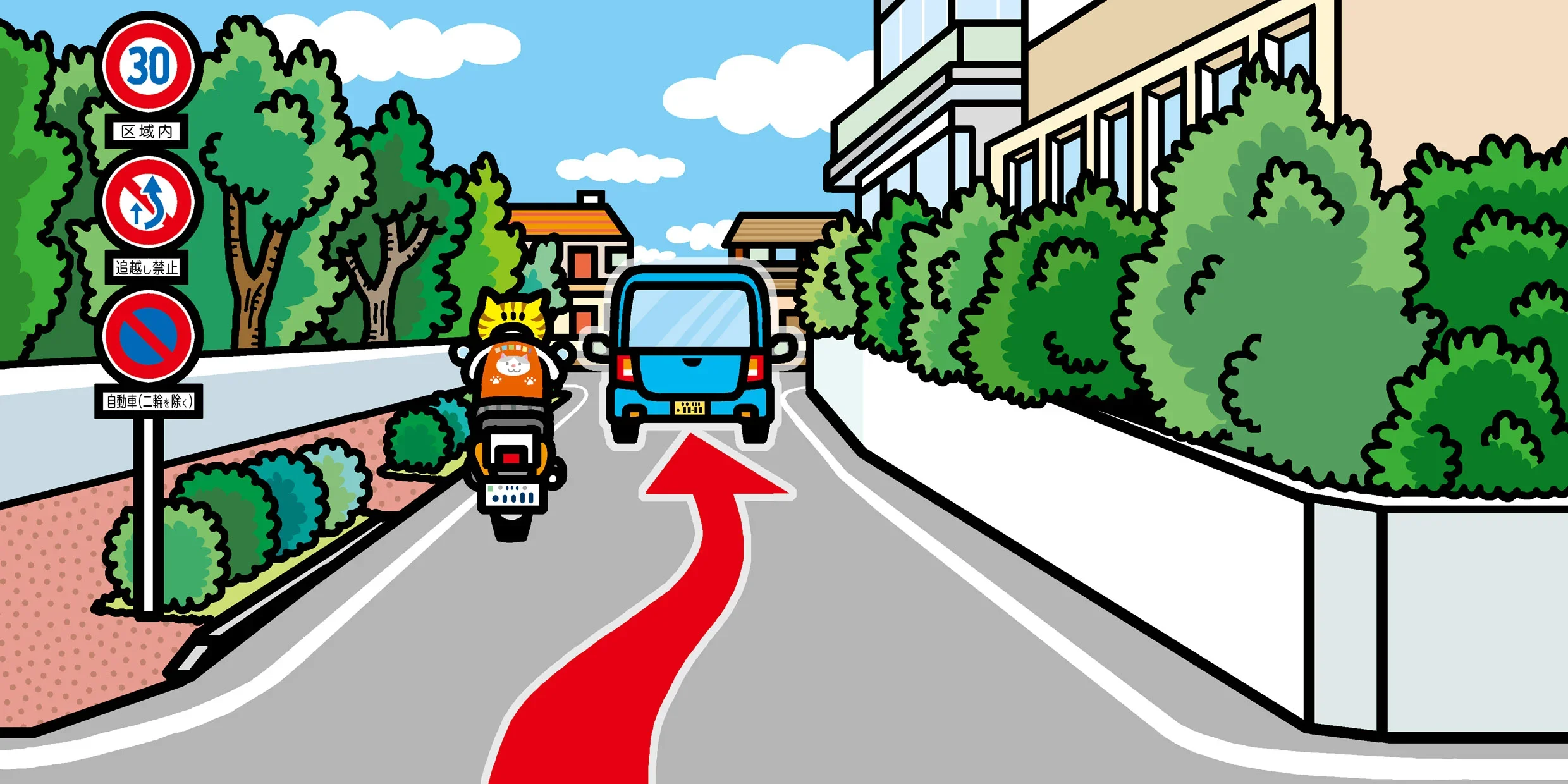 住宅街の道路でバスとオートバイが並走し、時速30キロ制限・追い越し禁止・一方通行の道路標識が見える交通ルール解説用イラスト