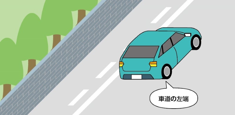白線2本の路側帯で実線と破線の場合は「駐停車禁止路側帯」を表し、路側帯に入らず車道の左端に沿って止める