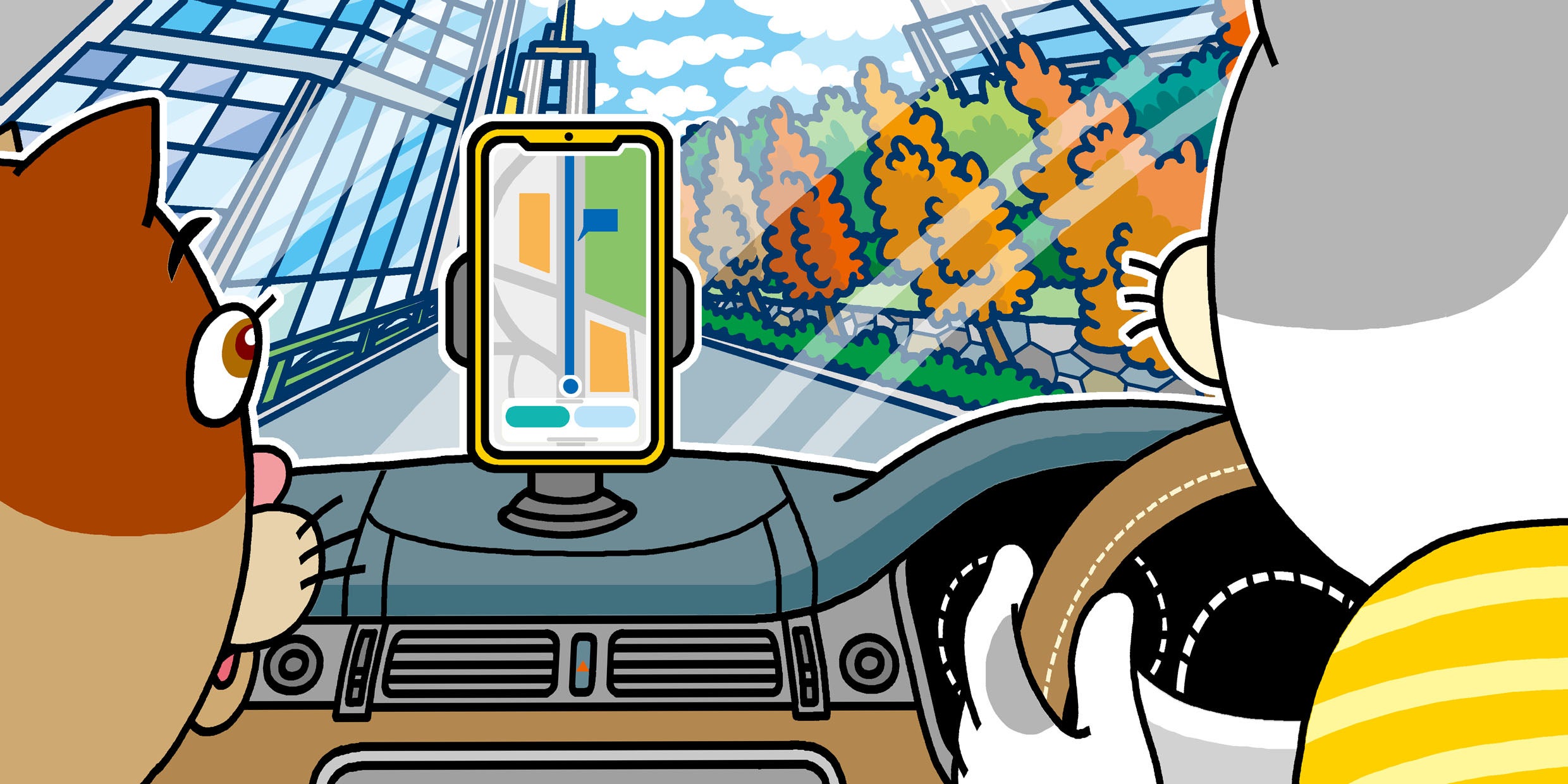 車の運転席から見た風景。スマートフォンのナビ画面が表示され、前方には紅葉した木々と近代的な建物が見える