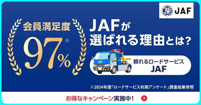 JAFの広告。会員満足度97％、頼れるロードサービスを強調する青い背景のデザイン。中央にJAFのレッカー車のイラスト。