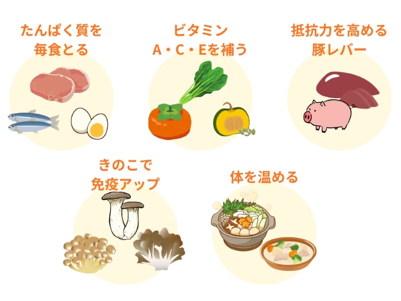 風邪・インフルエンザ予防につながる栄養素、たんぱく質を毎食とる。ビタミンA・C・Eを補う。抵抗力を高める豚レバー・きのこで免疫力アップ。体を温める。