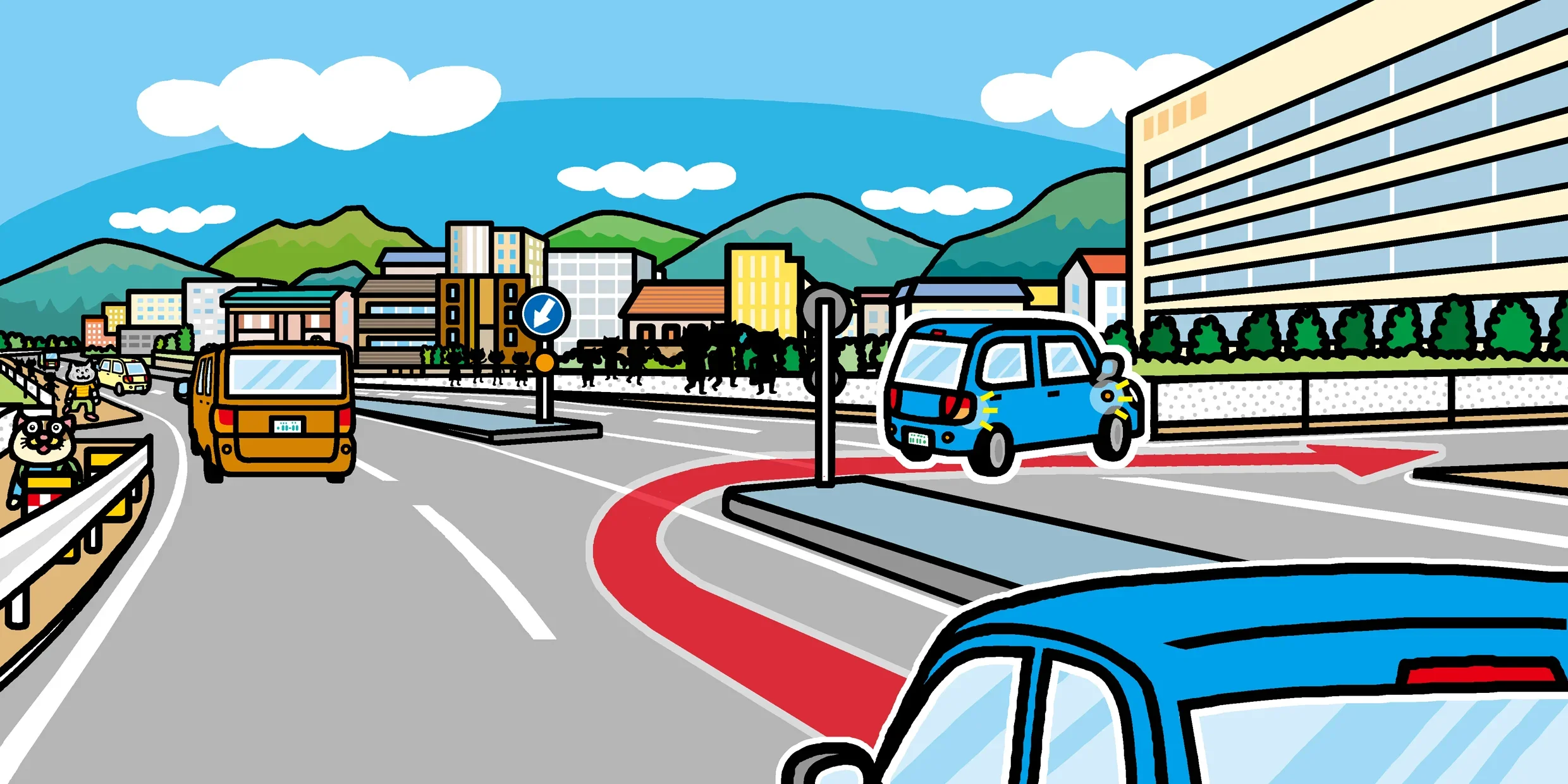 中央分離帯がある道路。左斜め下を指す矢印標識があり、分離帯が切れている部分