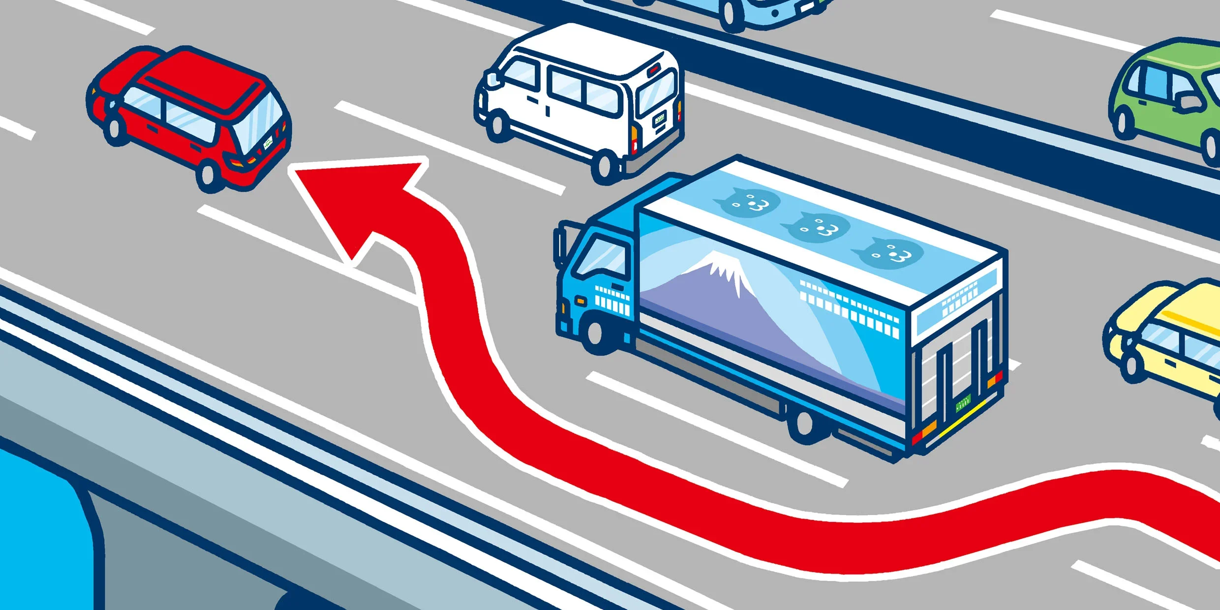 高速道路で追越車線が混雑している中、左側の走行車線から追い越す場面を示すイラスト
