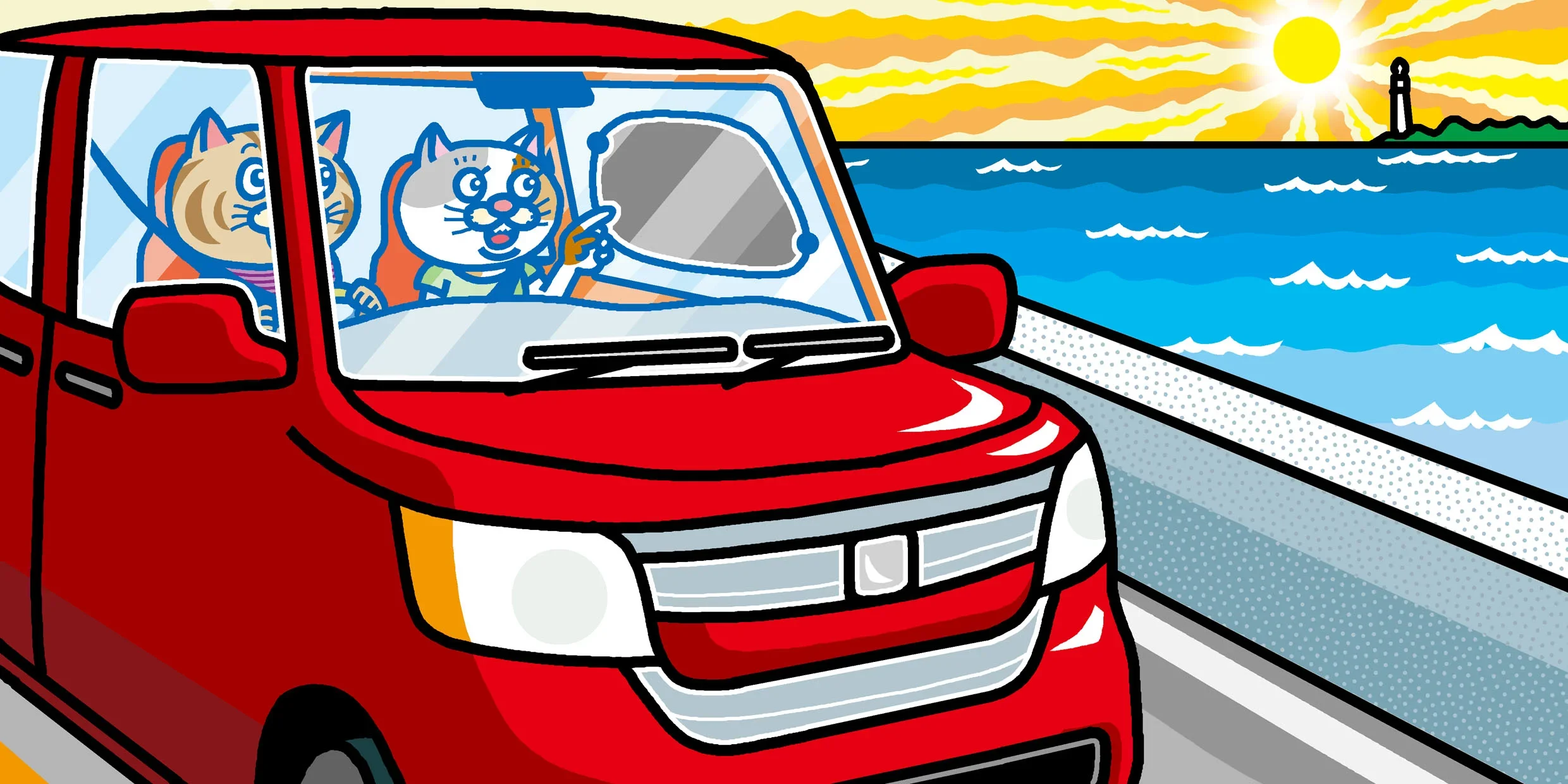 海沿いの道路で夕日を背景に、助手席の窓にサンシェードを取り付けて走行する車のイラスト